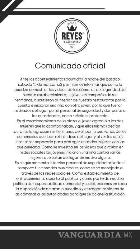 $!Reyes Salón Cantina emite un comunicado aclarando que el joven y sus hermanas fueron retirados por el personal del bar antes de la agresión fuera del establecimiento.