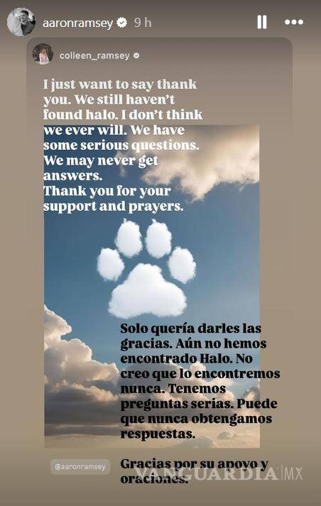 $!Mensaje de agradecimiento de Aaron Ramsey y Colleen en Instagram tras días de búsqueda de Halo.