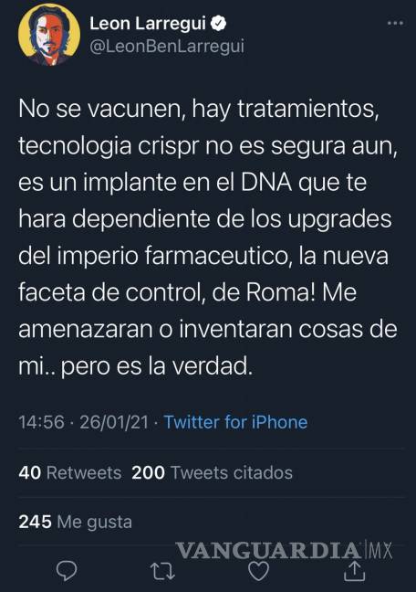$!Elimina Twitter cuenta a León Larregui, descalificó vacunas y pidió a fans que no se vacunen contra COVID-19