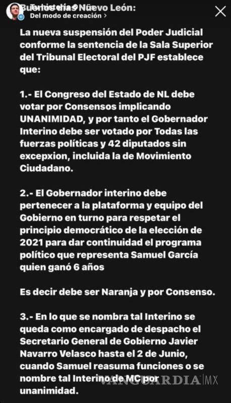 $!A través de sus redes sociales, Samuel García, informó de la sentencia que lo pone en ventaja ante los Legisladores del Congreso estatal que tendrán que designar un interino naranja