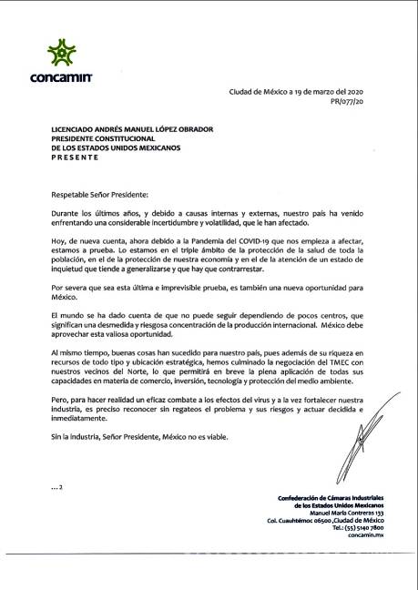 $!Industriales mexicanos piden a AMLO "actuar decididamente" ante el coronavirus