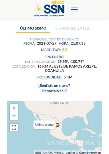 $!¡Confirman sismo magnitud 4.2 en Región Sureste de Coahuila!