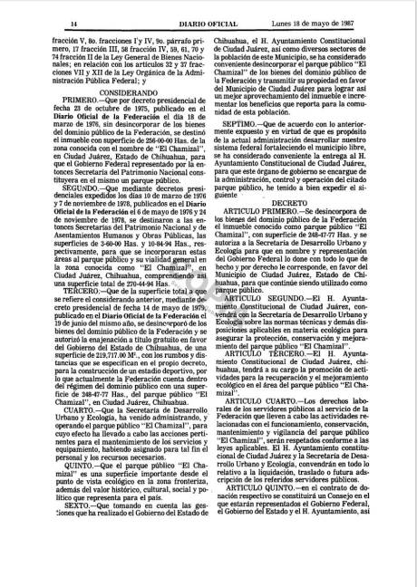 $!Decreto sobre la entrega de 248 hectáreas al Ayuntamiento de Ciudad Juárez, publicado en el Diario Oficial de la Federación el 18 de mayo de 1987.