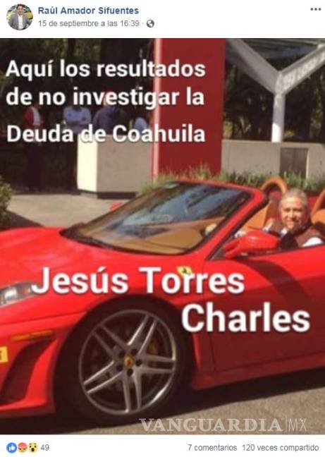 $!Fotografía de exfiscal de Coahuila conduciendo un Ferrari causa polémica en redes sociales
