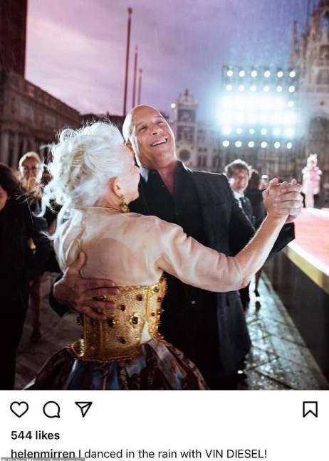 $!Helen Mirren publicó una foto bailando con su coprotagonista, Vin Diesel.