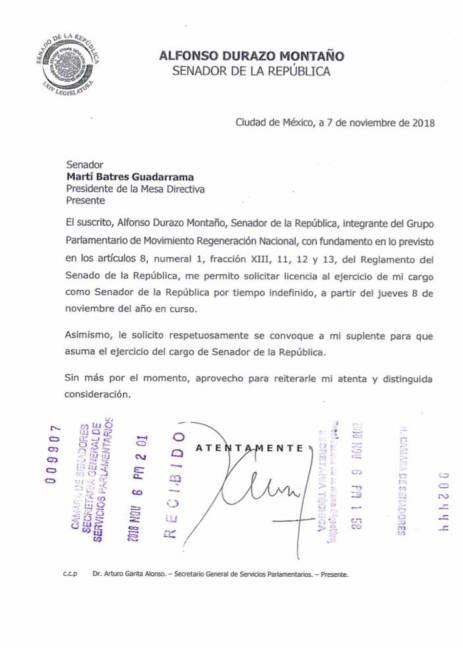 $!Alfonso Durazo pide licencia al Senado por tiempo indefinido