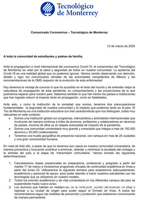 $!Tecnológico de Monterrey suspende clases presenciales por coronavirus