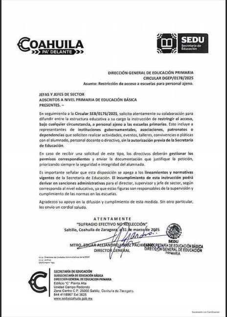 $!La circular DGEP/0178/2025 prohíbe el ingreso de personas ajenas a las escuelas de educación básica, salvo que cuenten con autorización expresa de la SEP Coahuila.