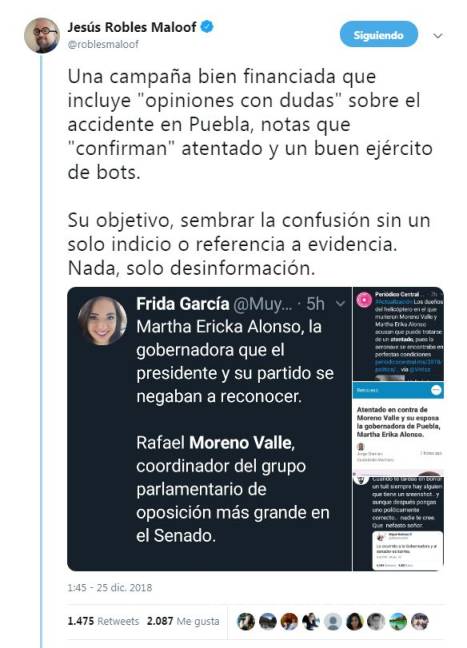 $!'Bots' desatan guerra contra AMLO por accidente de Martha Érika y Rafael Moreno
