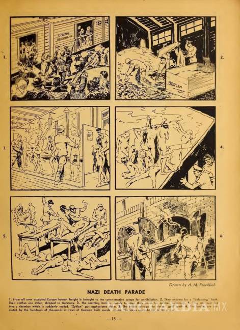 $!El estadounidense August M. Froehlich dibujó en un cómic, ya por 1944, las atrocidades nazis ayudado por noticias soviéticas publicadas tras la entrada del Ejército Rojo en el campo de exterminio de Majdanek (Polonia). El País/EFE/NIOD institute