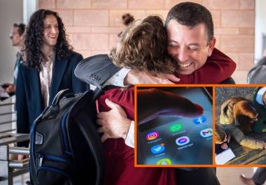 El litigante civil David Ackerman abraza a la fiscal estatal de Nuevo México, Linda Singer tras el veredicto a su favor sobre los impactos psicosociales negativos de las redes sociales.