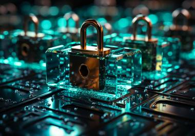 Vista trasera de un hacker que usa varias computadoras para robar datos de un escritorio