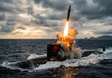 Lanzamiento simulado de un misil balístico JL-3 desde un submarino nuclear de la Armada del Ejército Popular de Liberación (PLA) de China en alta mar. Este tipo de pruebas, como la realizada recientemente en el océano Pacífico, ha generado preocupación internacional.