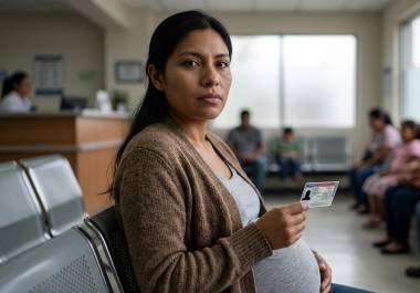 Una mujer embarazada sostiene una pequeña visa en una clínica fronteriza, reflexionando sobre las nuevas políticas.