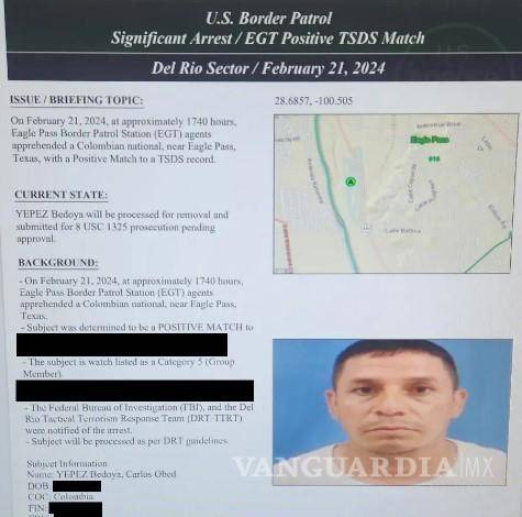 $!La Patrulla Fronteriza detuvo a Carlos Obed Yépez-Bedoya, un colombiano en la lista de vigilancia terrorista, en la frontera cerca de Eagle Pass, Texas, el mes pasado.