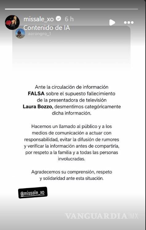 $!Postura. Alejandra De la Fuente compartió un breve comunicado para desmentir la muerte de su madre.