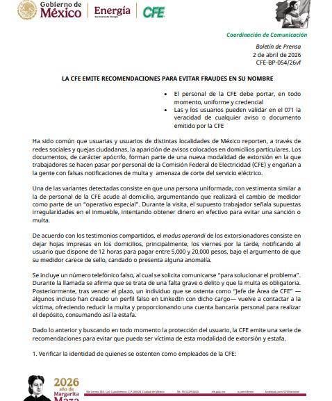 $!Alertan por nueva modalidad de extorsión: falsos trabajadores de CFE exigen pagos para evitar corte de luz
