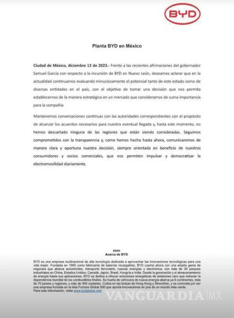 $!BYD desmiente a Samuel García sobre instalación de planta en Nuevo León