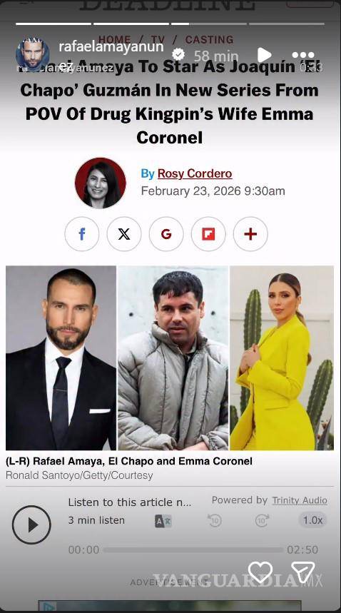 $!Rafael Amaya interpretará a ‘El Chapo’ en serie coproducida por Emma Coronel