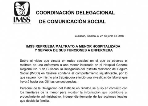 $!Menor de edad sufre golpiza de enfermera del IMSS en Culiacán