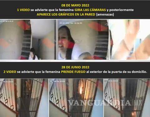$!En el primer video, del 8 de mayo de 2022, se ve a la mujer girar las cámaras, y posteriormente se ven en la pared las amenazas que había denunciado Raquel con anterioridad y en el segundo cuando incendia algo en la puerta de su casa.