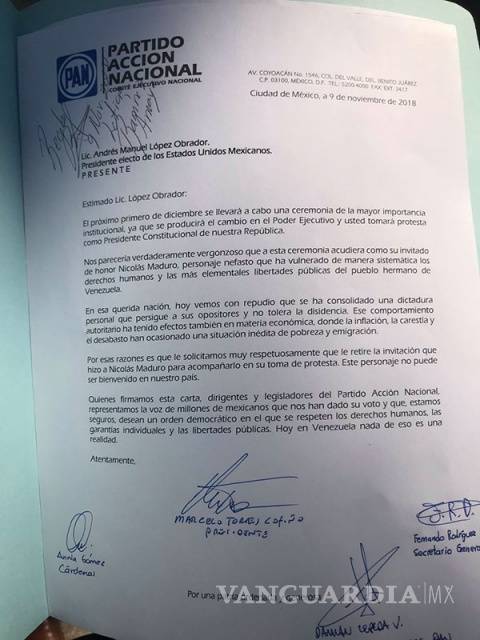 $!PAN entrega a AMLO carta de rechazo por invitación a Maduro a México