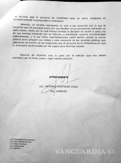 $!MG Express demanda a Compara y Presidencia de Ramos Arizpe por casi 3 mdp