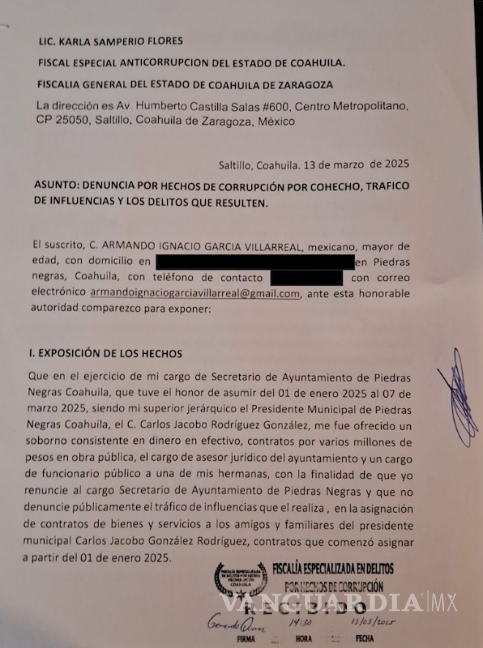 $!Ignacio García Villarreal, exsecretario del Ayuntamiento de Piedras Negras, presentó una denuncia formal contra el alcalde Carlos Jacobo Rodríguez por presuntos actos de corrupción.