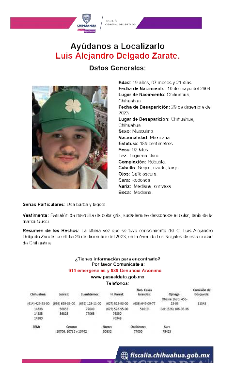 $!La Fiscalía General de Chihuahua hace un llamado a la comunidad para colaborar en la búsqueda de Luis Alejandro Delgado Zárate. Cualquier información puede ser crucial.