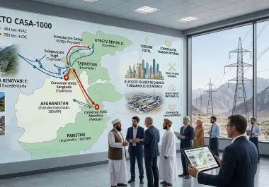 Imagen creada a través de la IA. El proyecto CASA-1000 se presentó en 2006,contó con el financiamiento del BID, el Banco Mundial y otras entidades, con el din de paliar la escasez energética en Afganistán y Pakistán.