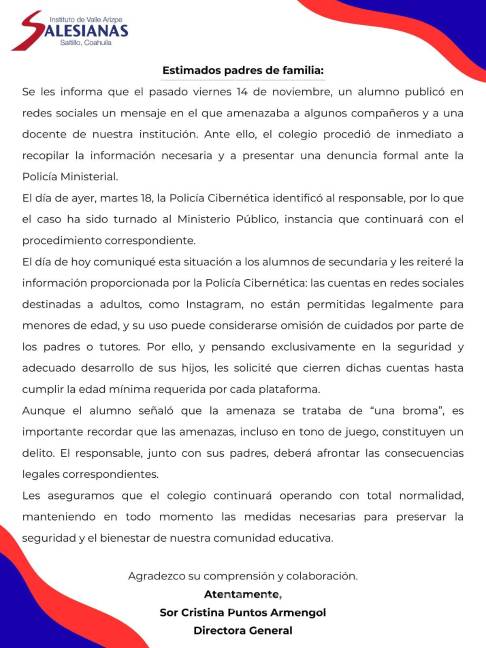 $!Padres de familia fueron informados mediante un comunicado interno sobre el caso.