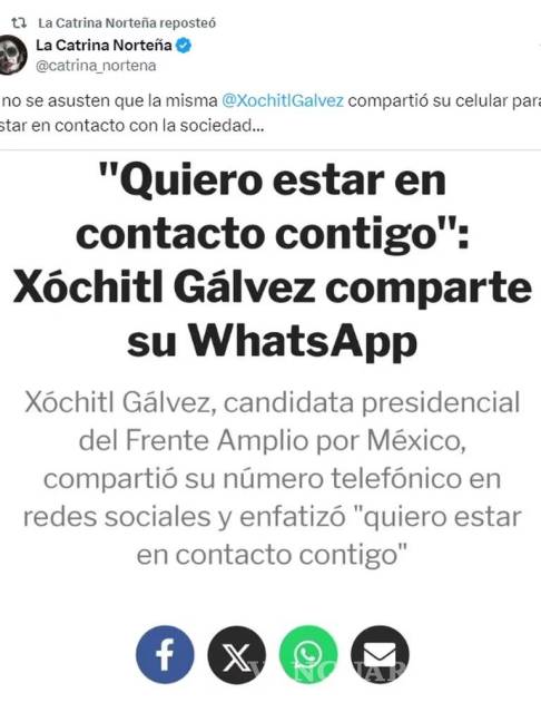 $!Número telefónico de Xóchitl Gálvez es filtrado, acusan a perfil de X cercano a Morena