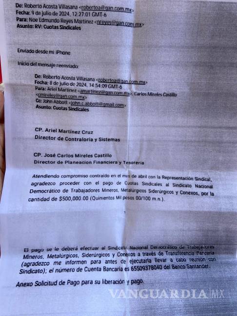 $!Los archivos difundidos muestran una transferencia de 500 mil pesos al Sindicato Nacional Democrático, la empresa lo niega.