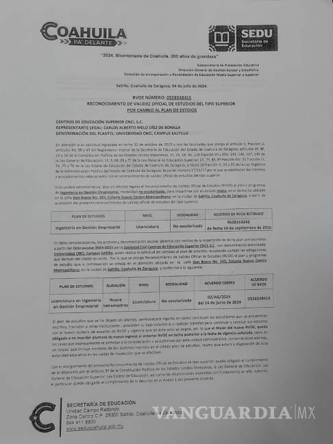 $!RVOE de la Universidad CNCI de la carrera Ingeniería en Gestión Empresarial.