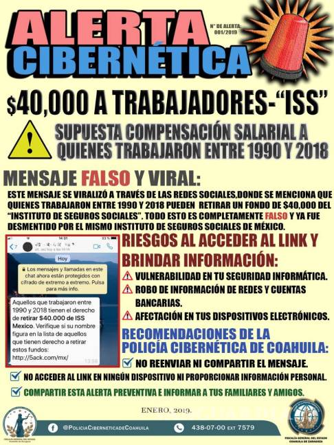 $!Fiscalía de Coahuila advierte a trabajadores por mensaje falso sobre fondo de 40 mil pesos