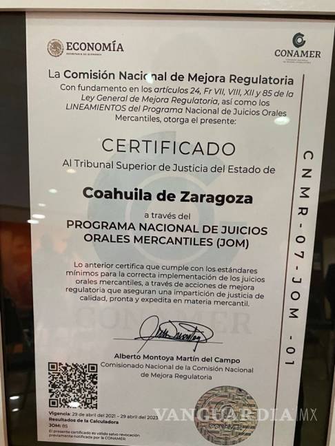 $!Otorgan al Poder Judicial de Coahuila certificación en juicios orales mercantiles