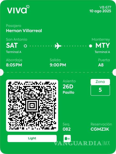 $!Este es el check in del vuelo de Hernán Villarreal, de su regreso a Monterrey, desde San Anonio, Tx.