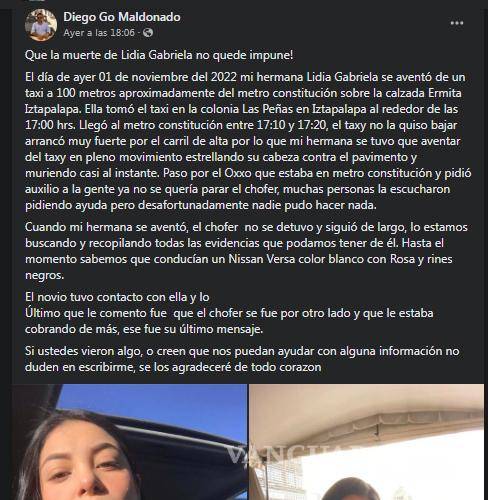$!Jovencita en la CDMX, al igual que saltillense, salta de taxi al sentirse acosada y fallece