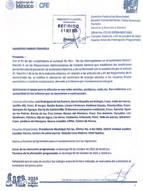 $!Entre las colonias que sufrirán la interrupción del servicio destacan Luis Rodríguez de las Fuentes, Barrio Boquillas del Refugio, Fraccionamiento Valle de Parras, Saltillo 400, entre otras.