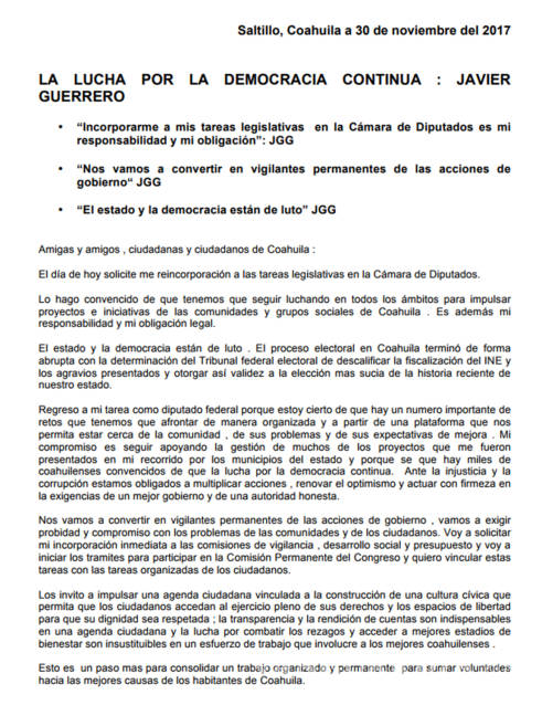 $!Javier Guerrero solicita reincorporación a la Cámara de Diputados