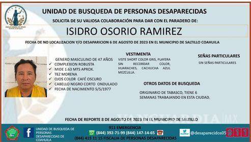 $!Ficha de desaparición de Isidro Osorio Ramírez.