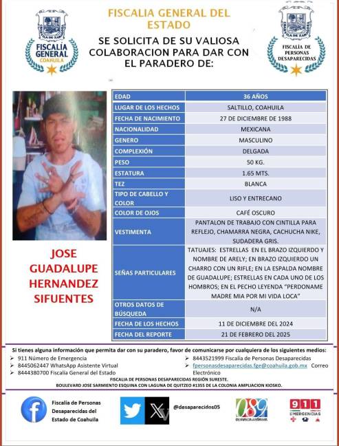 $!Desaparece hombre en Saltillo; Fiscalía solicita ayuda para localizarlo