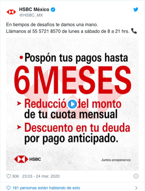 $!ES OFICIAL: HSBC aplaza algunos pagos hasta por 6 meses por el coronavirus.