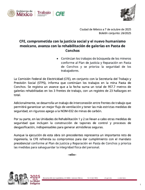 $!Representantes de la CFE y la STPS informan sobre el avance de los trabajos de rehabilitación y rescate en la mina Pasta de Conchos, destacando las medidas de seguridad implementadas.