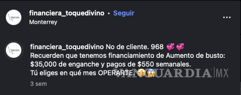 $!Publicación de @financiera_toquedivino ofreciendo facilidades de pago para cirugías estéticas.