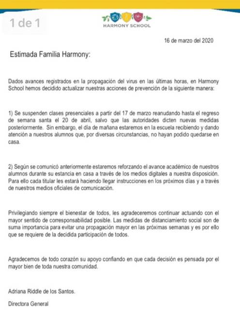 $!Colegio Harmony School de Saltillo anuncia suspensión de clases a partir de mañana 17 de marzo