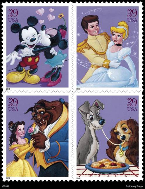 $!El servicio postal de Estados Unidos lanzó en 2006una serie de cuatro sellos con los personajes románticos de Disney. Abajo a la izquierda el de La Bella y la Bestia. EFE/USPS