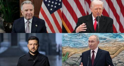 (Arriba i y d.), Steve Witkoff principal autor del plan de Paz para Ucrania y Donald Trump mandatario estadounidense. (Abajo iy d.) Volodímir Zelenski presidente ucraniano y su homólogo Vladímir Putin.