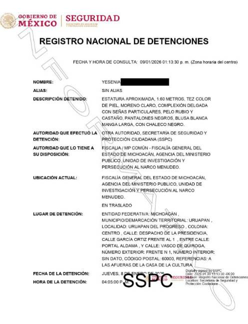 $!SSPC detuvo a Yesenia ‘N’, secretaria de Grecia Quiroz, por asesinato del alcalde Carlos Manzo en Uruapan