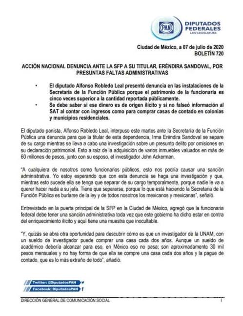 $!Panistas denuncian a Irma Eréndira Sandoval por irregularidades en la SFP